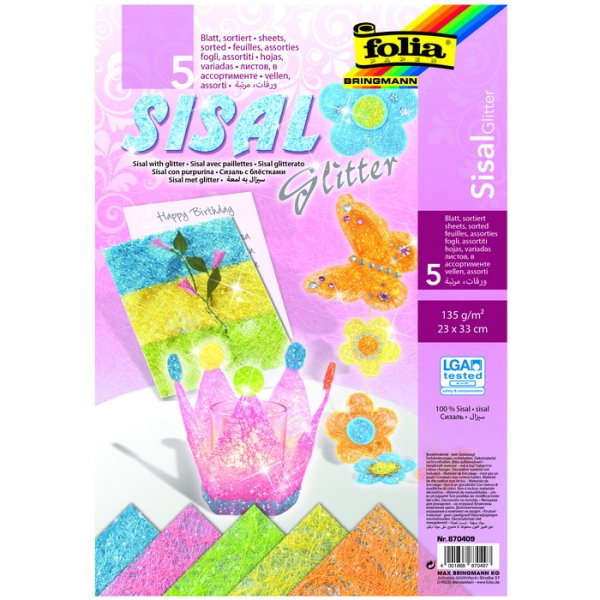 Folia Sisalový papier A4 trblietky pastel, 5 ks