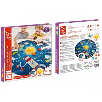 Školské drevené puzzle Slnečná sústava + LED Slnko, 102 dielikov