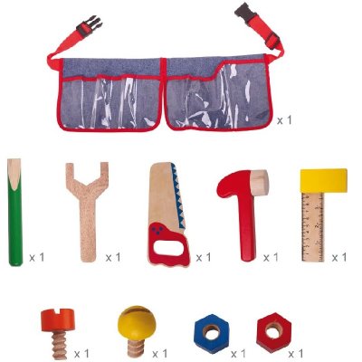 Bigjigs Toys Drevené náradie na opasku, 10 ks