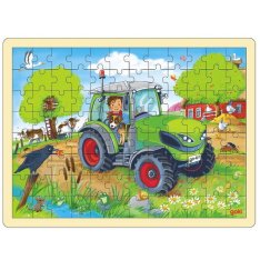 Goki Drevené puzzle Zelený traktor, 96 dielikov